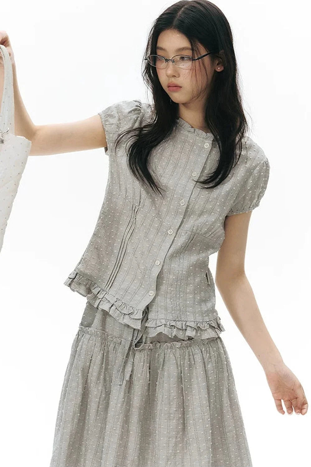Ruffle Drawstring Blouse & Skirt Set-Up