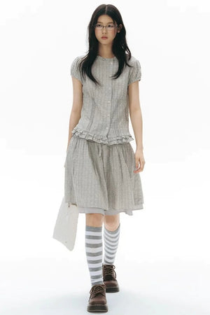 Ruffle Drawstring Blouse & Skirt Set-Up