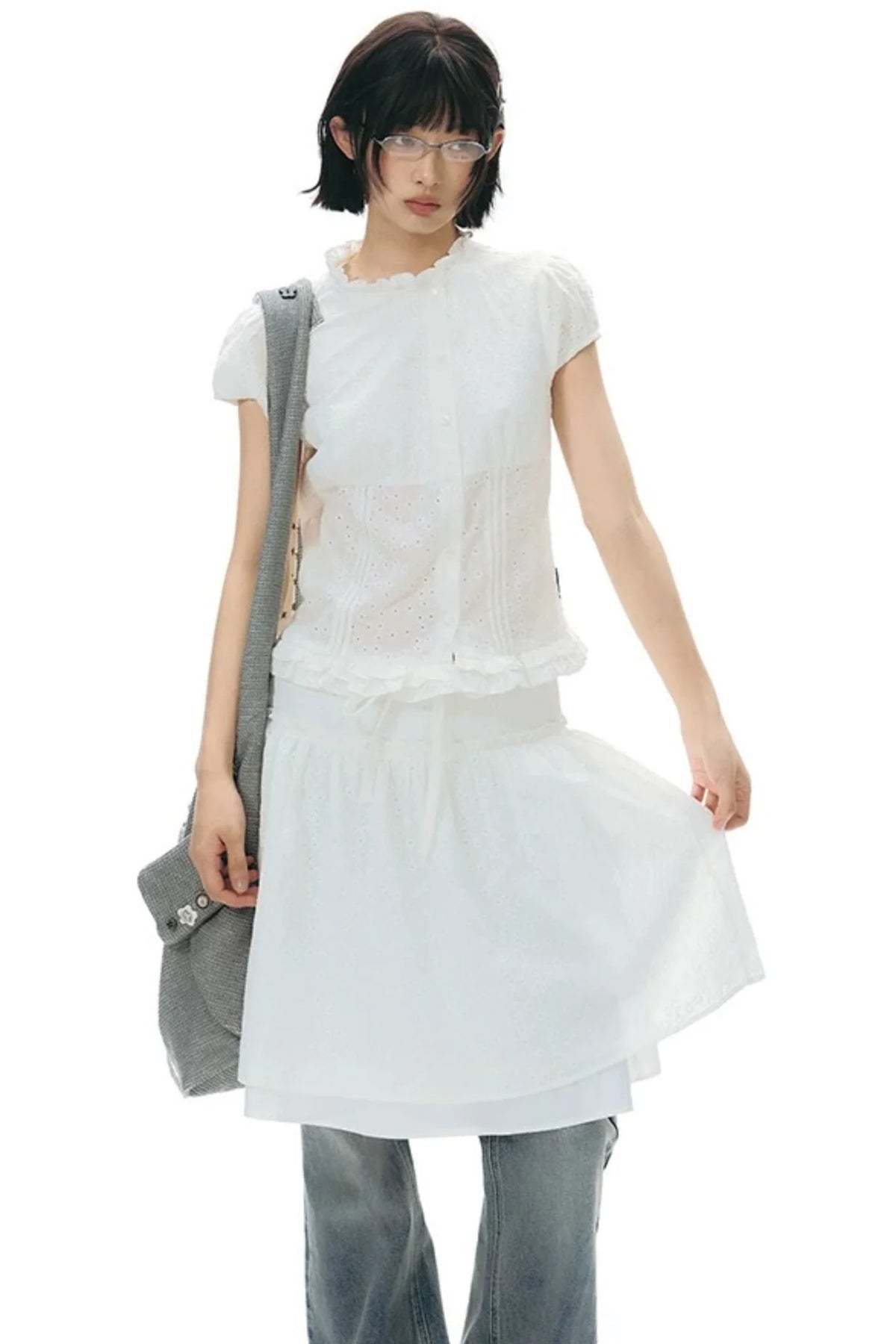 Ruffle Drawstring Blouse & Skirt Set-Up