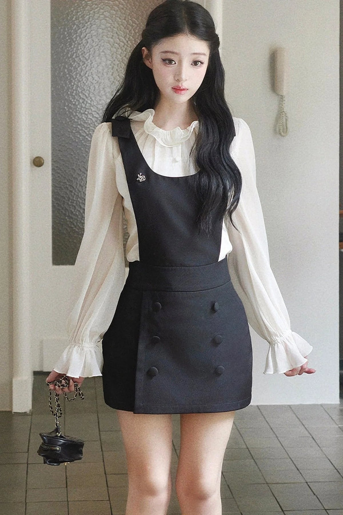 Ruffle Edge Shirt and Black Strap Dress Set-Up