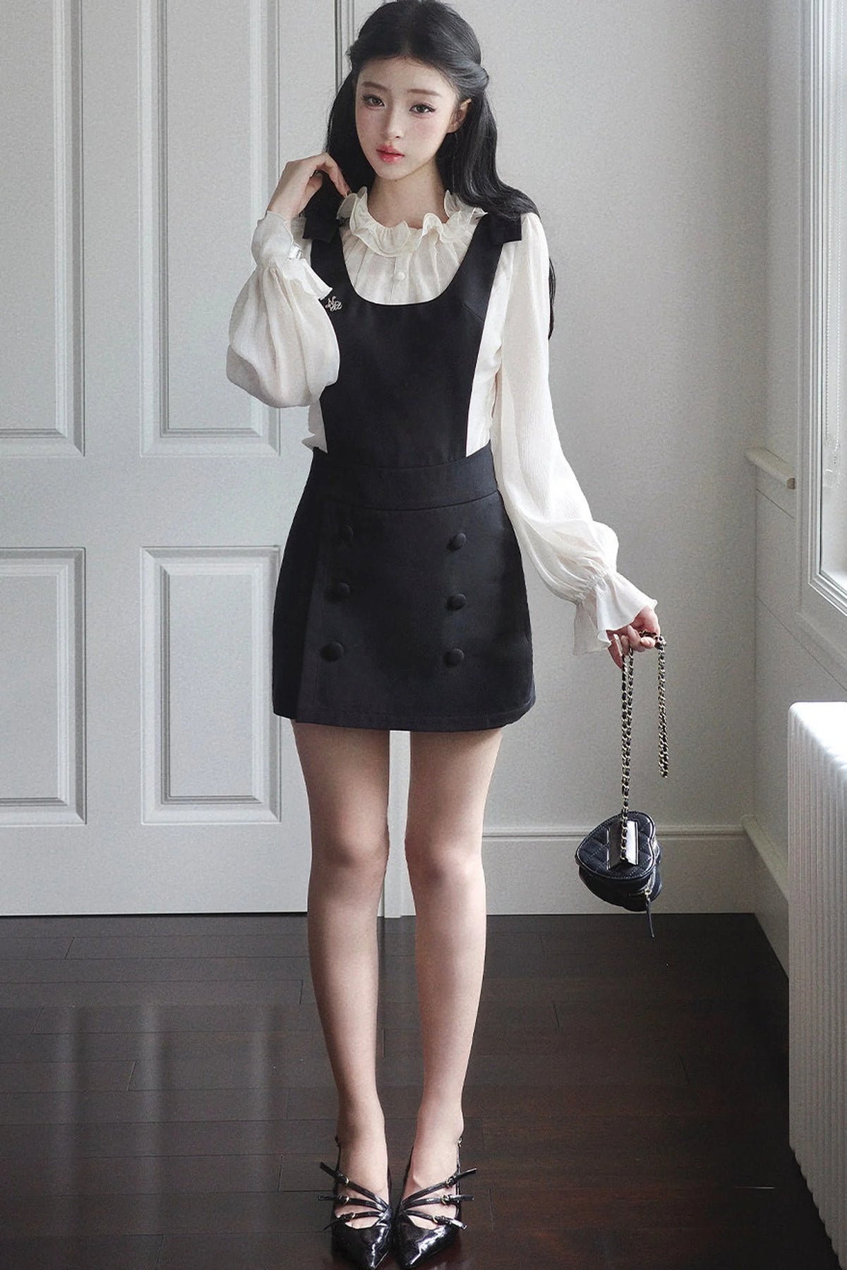 Ruffle Edge Shirt and Black Strap Dress Set-Up