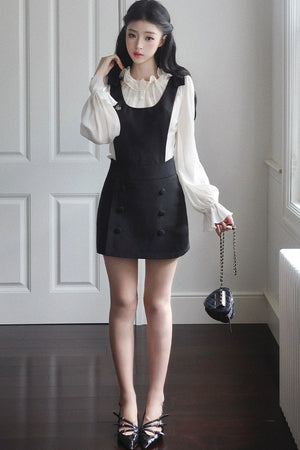 Ruffle Edge Shirt and Black Strap Dress Set-Up