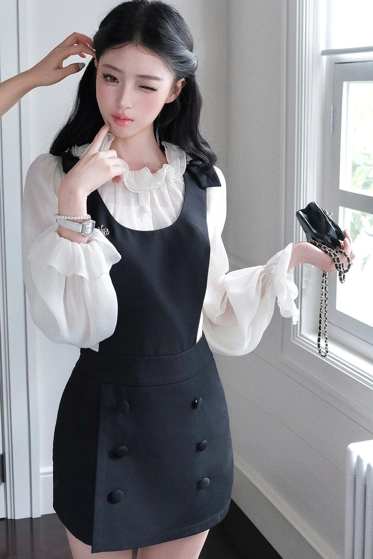 Ruffle Edge Shirt and Black Strap Dress Set-Up