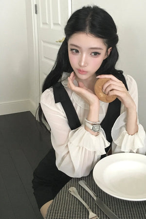 Ruffle Edge Shirt and Black Strap Dress Set-Up