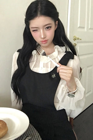 Ruffle Edge Shirt and Black Strap Dress Set-Up