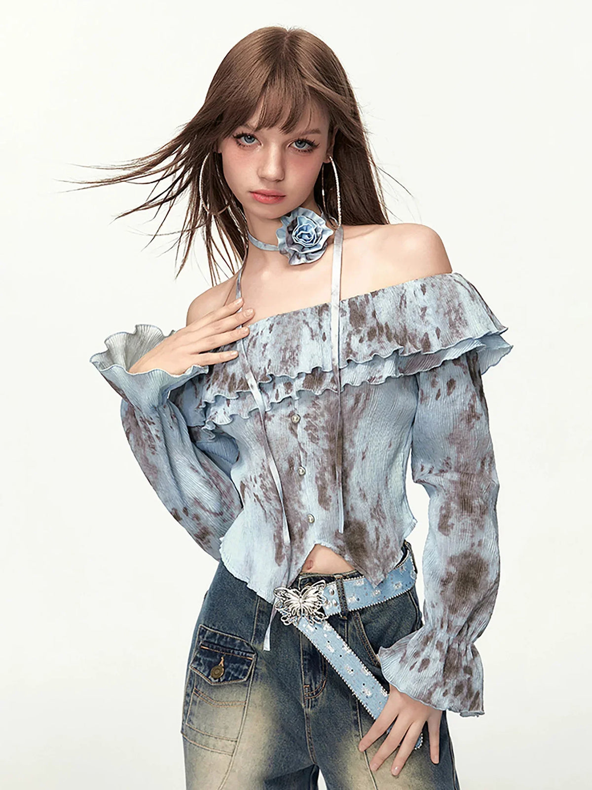 Ruffle Edge Tie Dye Long Sleeve Top