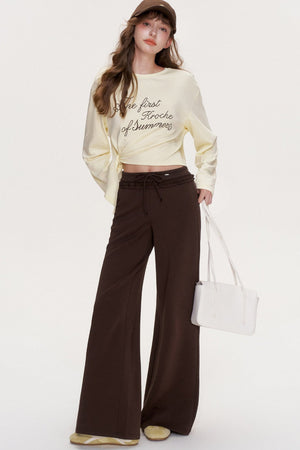 Ruffle Elastic Waist Drawstring Straight Pants