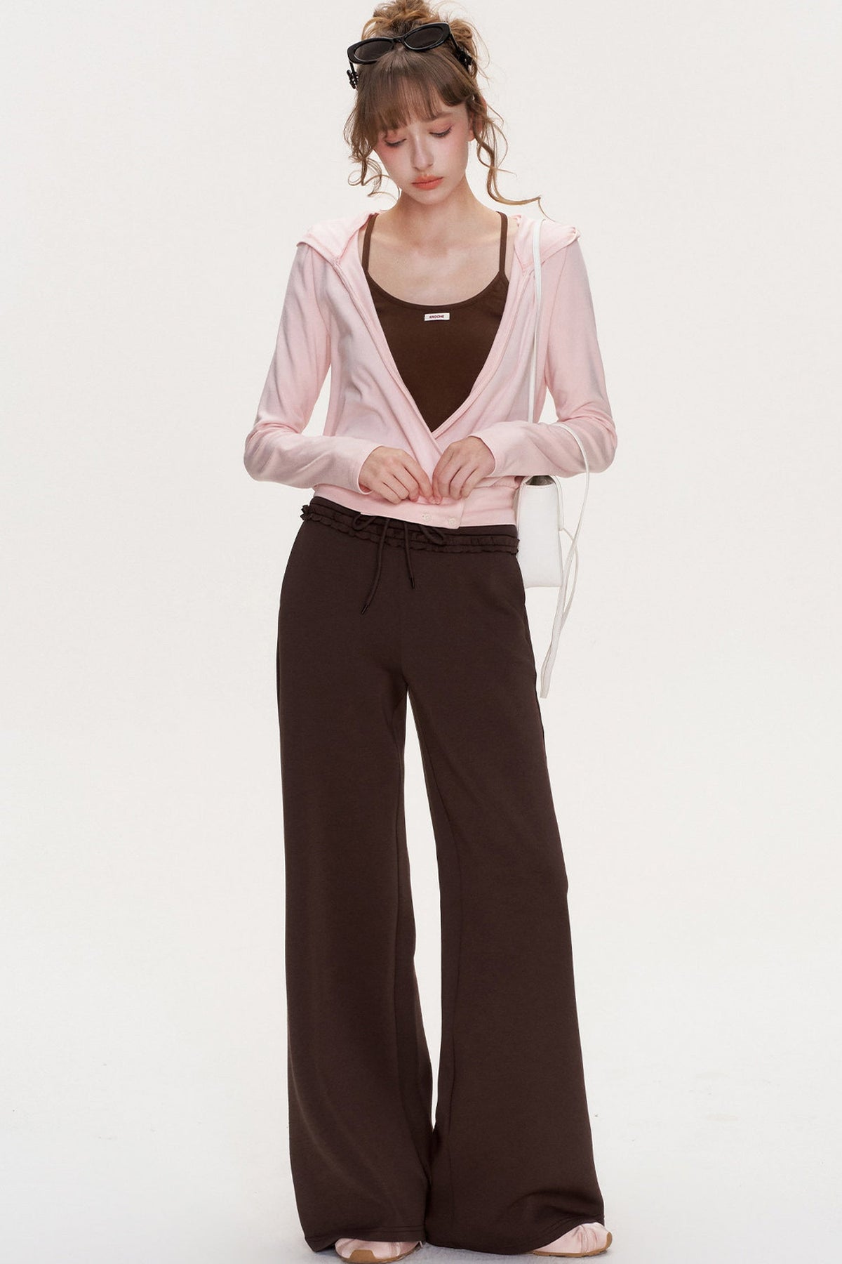 Ruffle Elastic Waist Drawstring Straight Pants