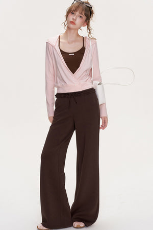 Ruffle Elastic Waist Drawstring Straight Pants