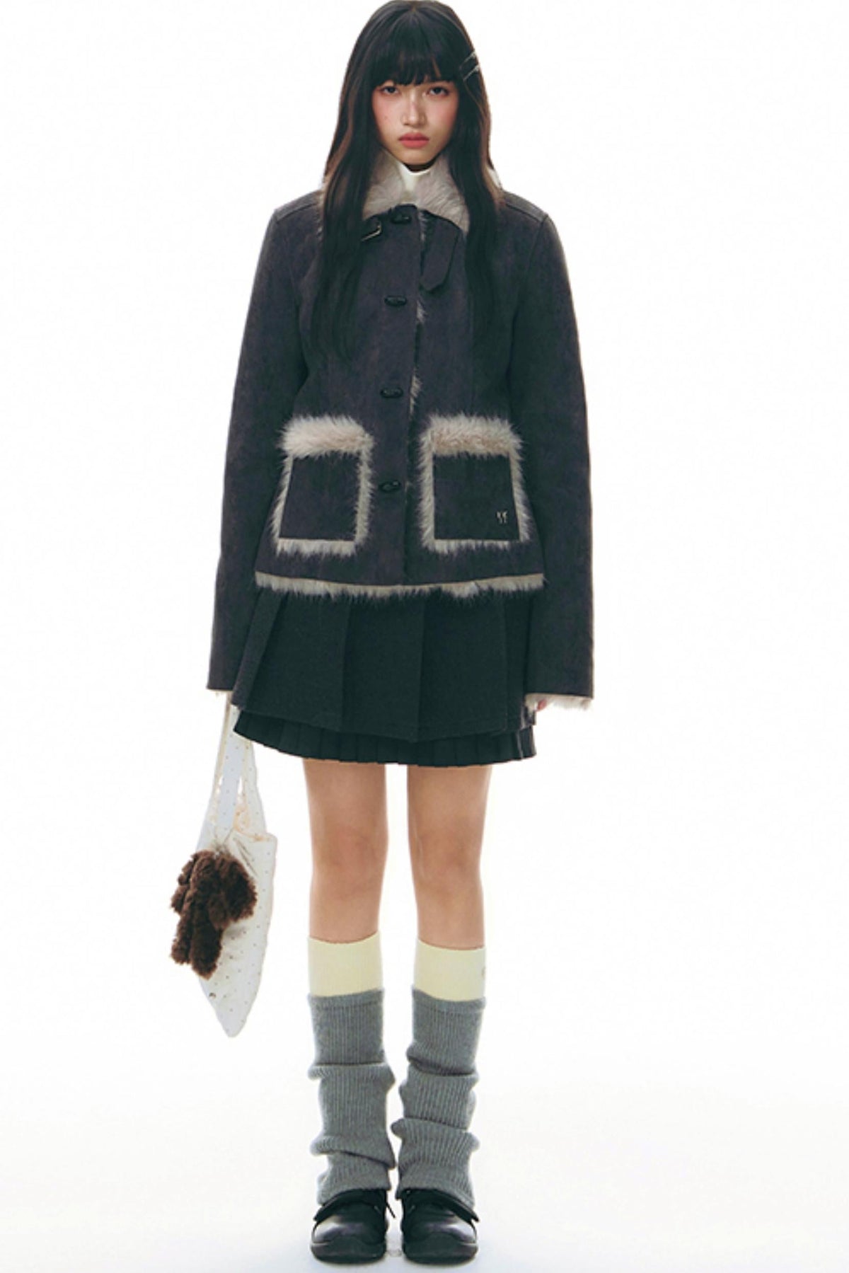 Ruffle Patchwork Woolen Pleated Skirt