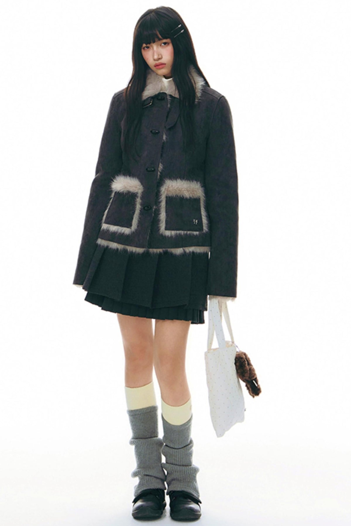 Ruffle Patchwork Woolen Pleated Skirt