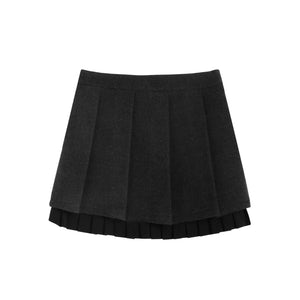 Ruffle Patchwork Woolen Pleated Skirt