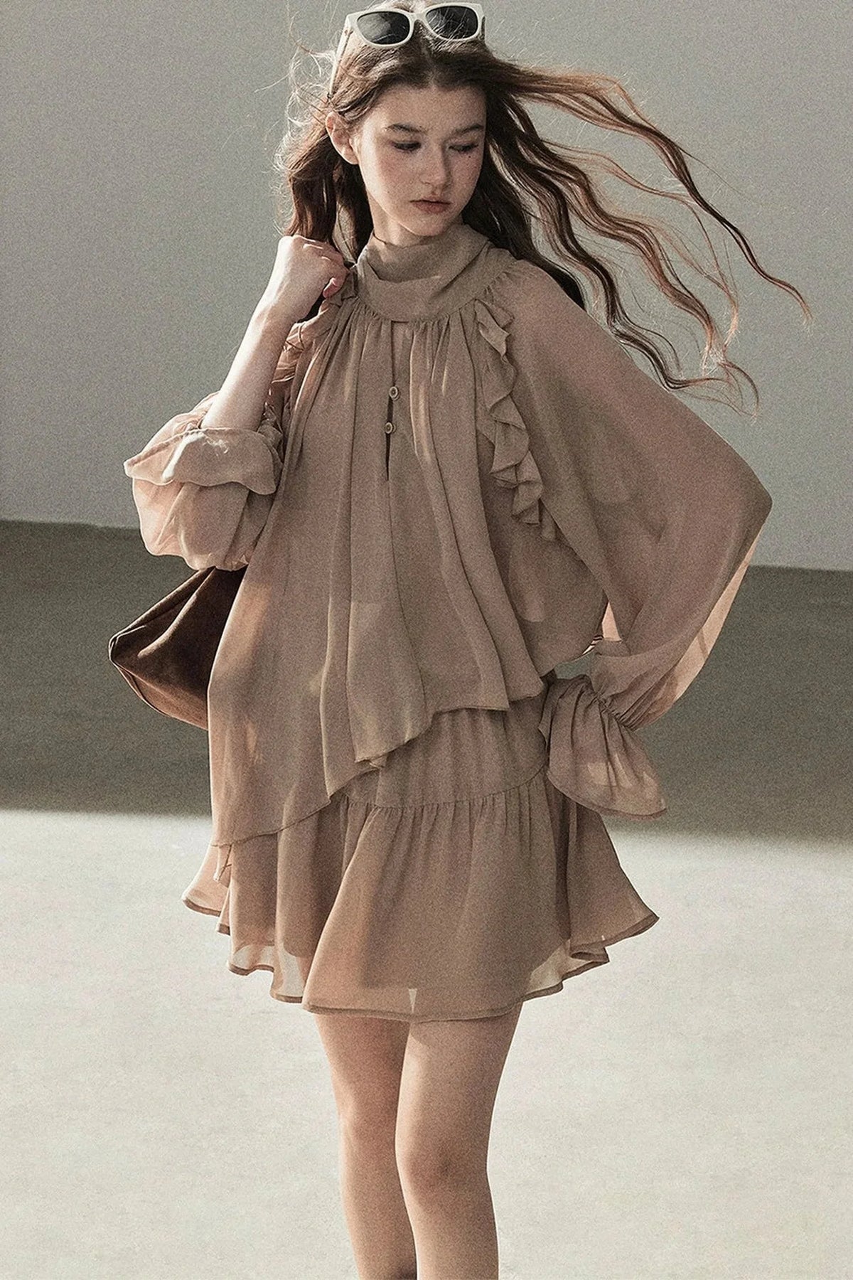 Ruffle Puffy Chiffon Dress and Leggings Set