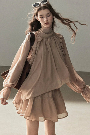 Ruffle Puffy Chiffon Dress and Leggings Set