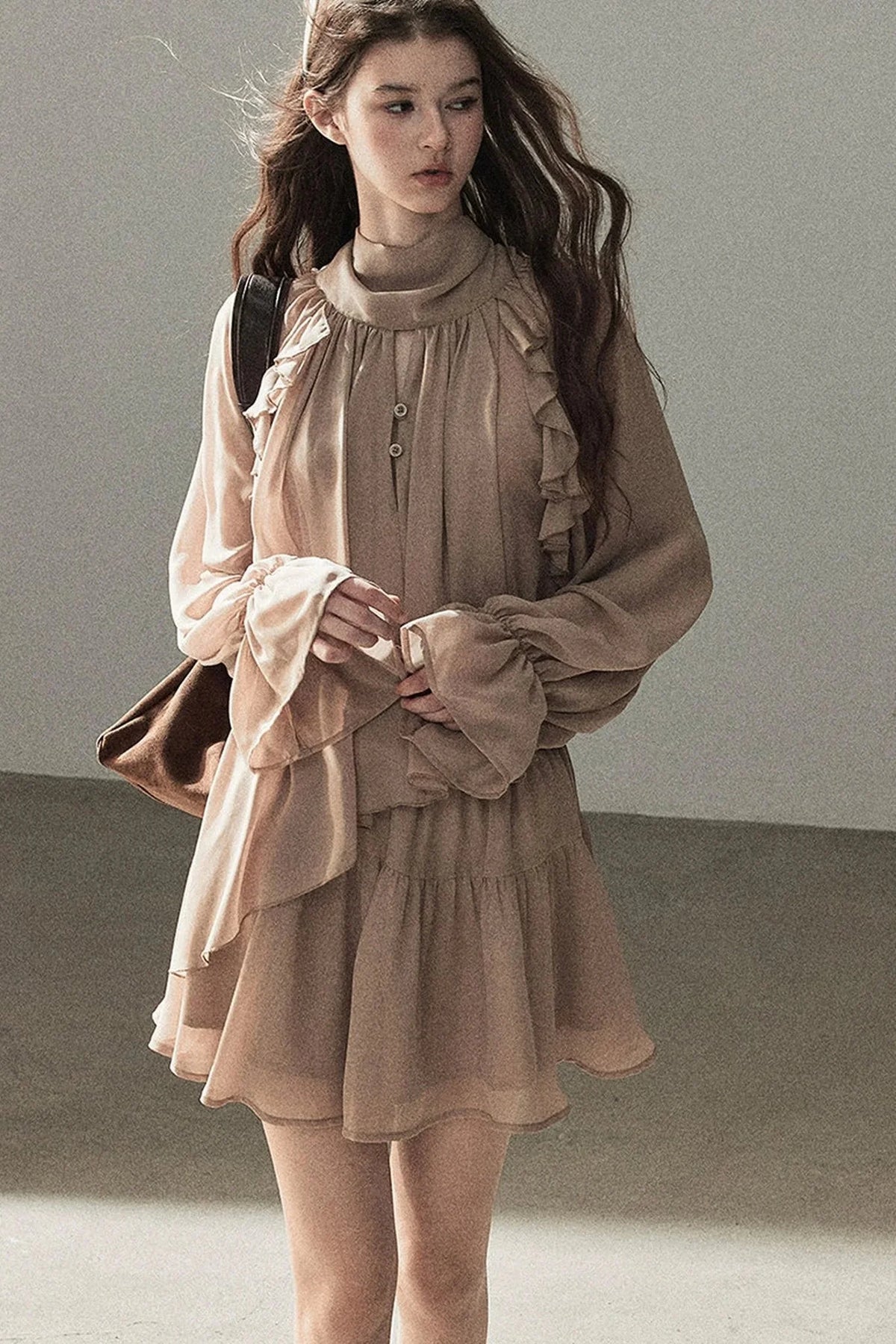 Ruffle Puffy Chiffon Dress and Leggings Set
