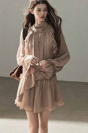 Ruffle Puffy Chiffon Dress and Leggings Set