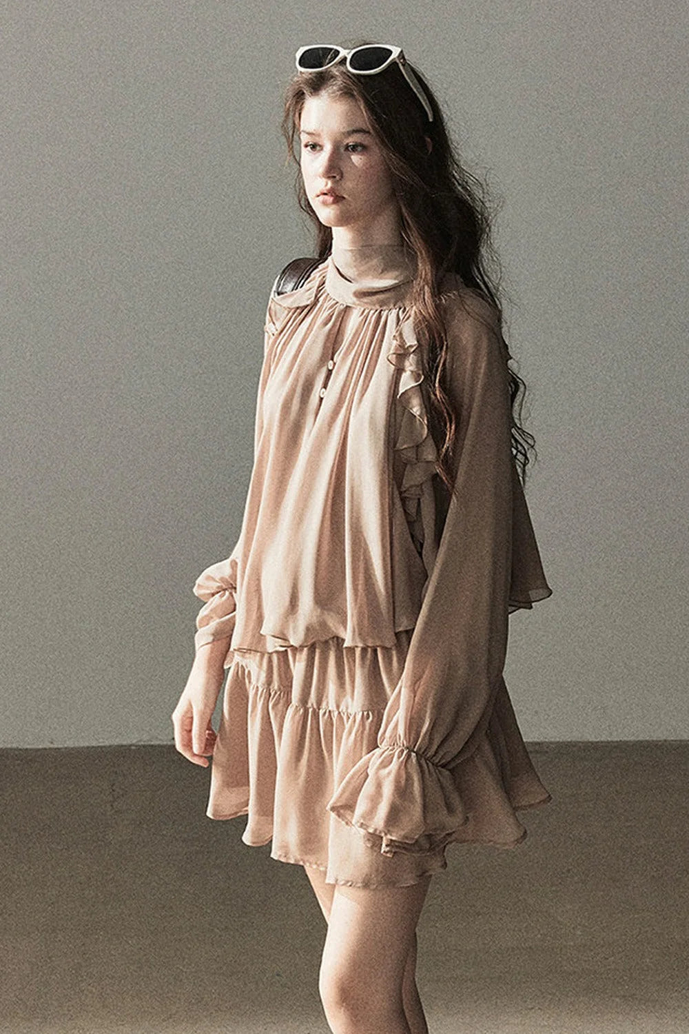Ruffle Puffy Chiffon Dress and Leggings Set