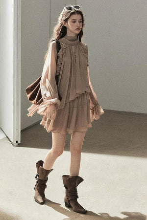 Ruffle Puffy Chiffon Dress and Leggings Set