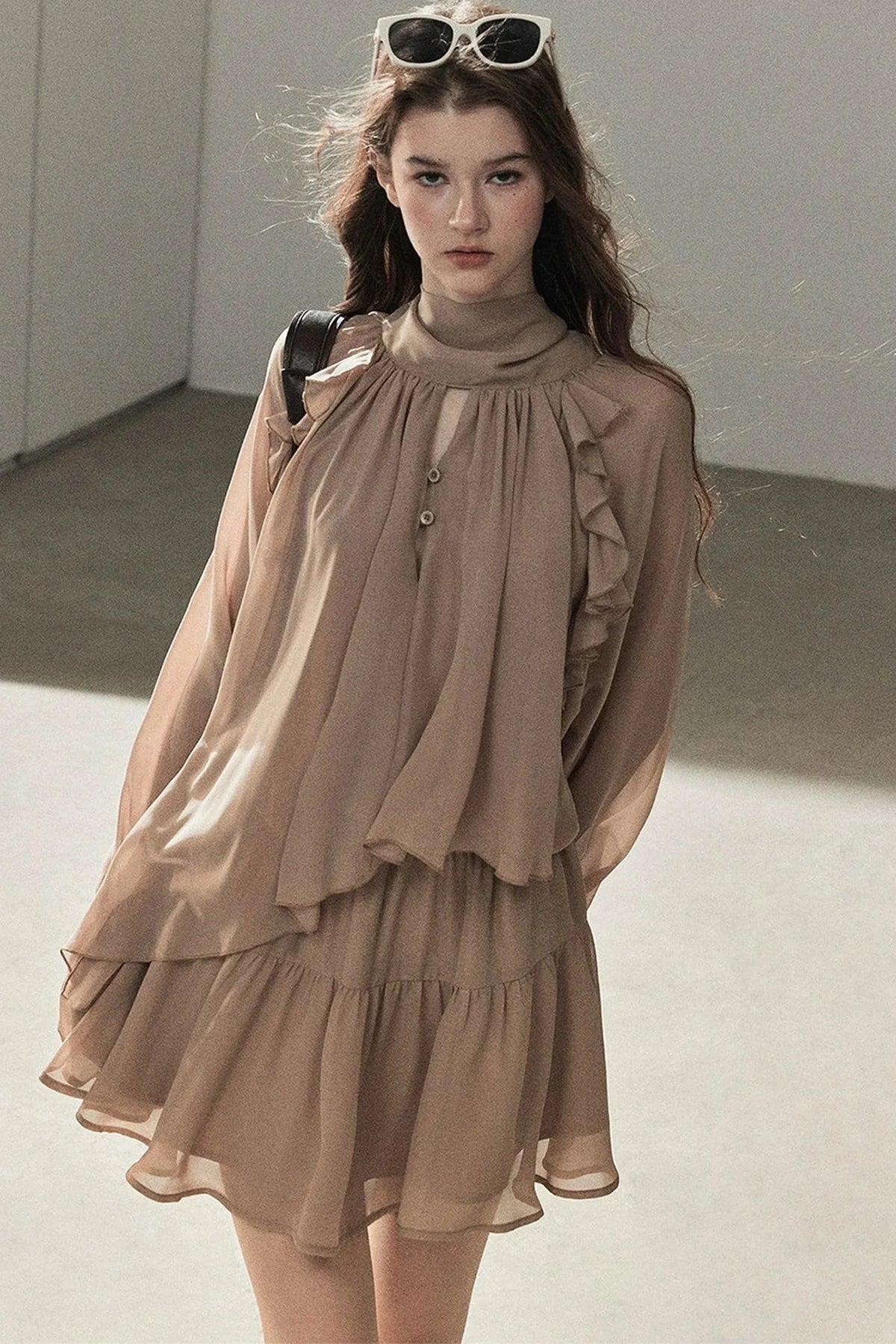 Ruffle Puffy Chiffon Dress and Leggings Set