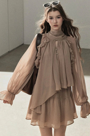 Ruffle Puffy Chiffon Dress and Leggings Set