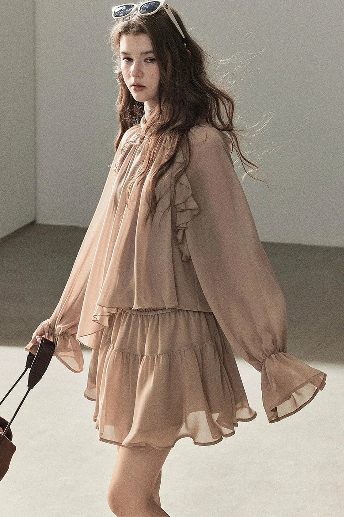 Ruffle Puffy Chiffon Dress and Leggings Set