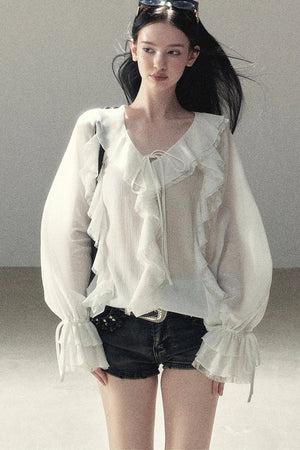 Ruffle Sheer Chiffon Cover-Up Blouse Set
