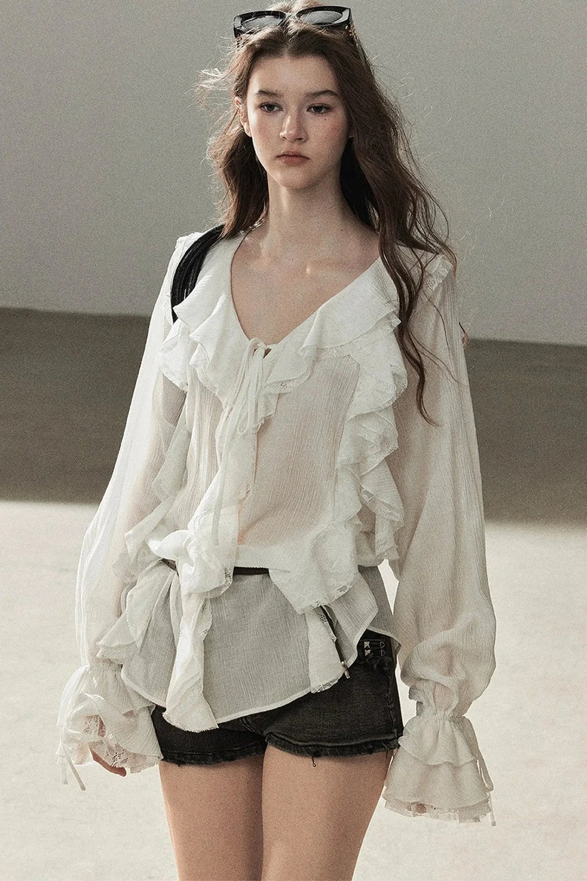 Ruffle Sheer Chiffon Cover-Up Blouse Set