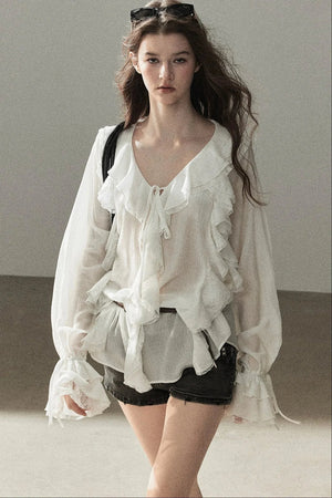 Ruffle Sheer Chiffon Cover-Up Blouse Set