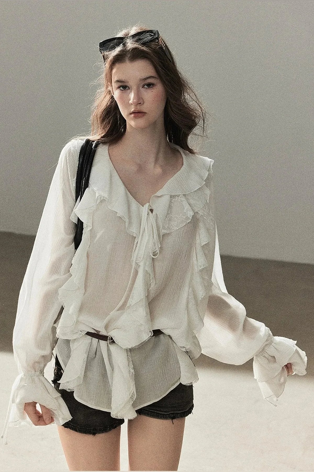 Ruffle Sheer Chiffon Cover-Up Blouse Set
