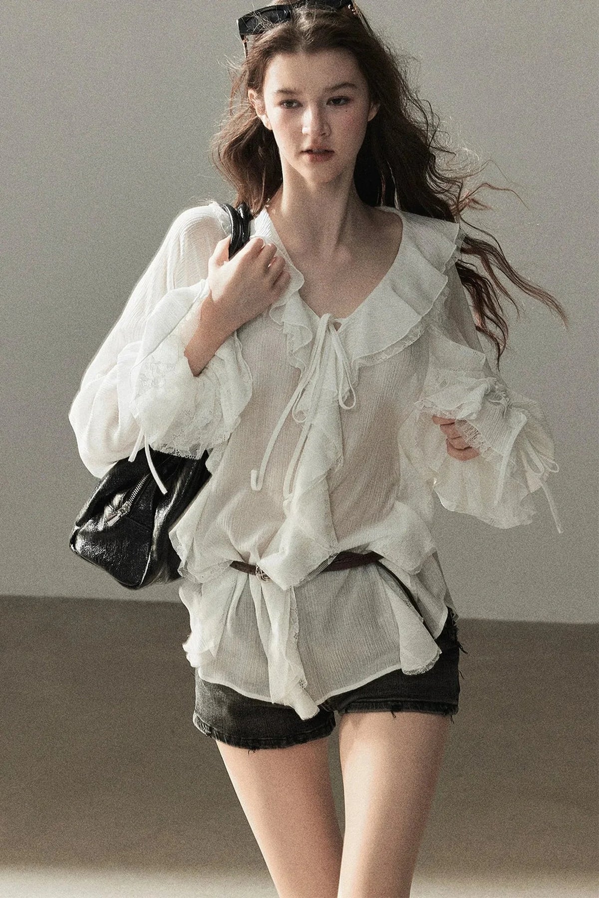 Ruffle Sheer Chiffon Cover-Up Blouse Set