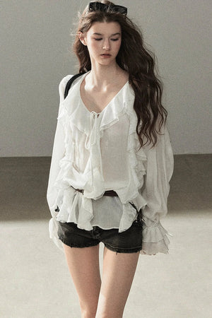 Ruffle Sheer Chiffon Cover-Up Blouse Set