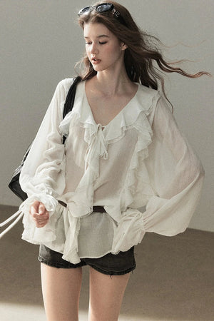 Ruffle Sheer Chiffon Cover-Up Blouse Set