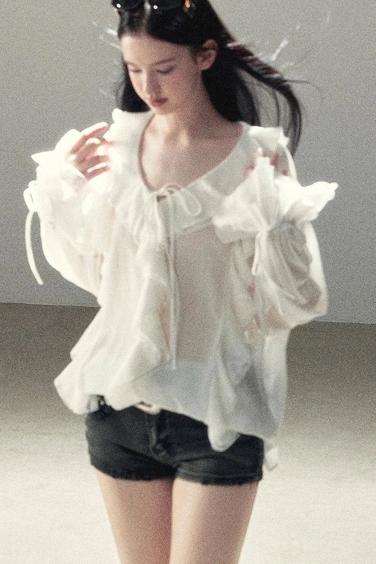 Ruffle Sheer Chiffon Cover-Up Blouse Set