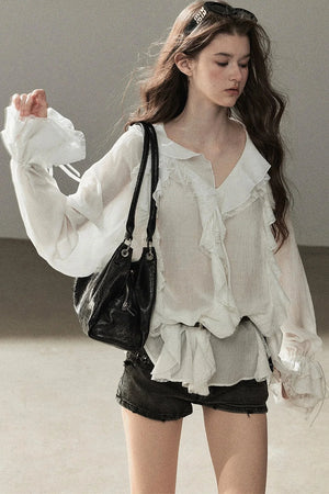 Ruffle Sheer Chiffon Cover-Up Blouse Set
