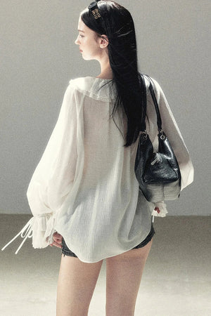 Ruffle Sheer Chiffon Cover-Up Blouse Set
