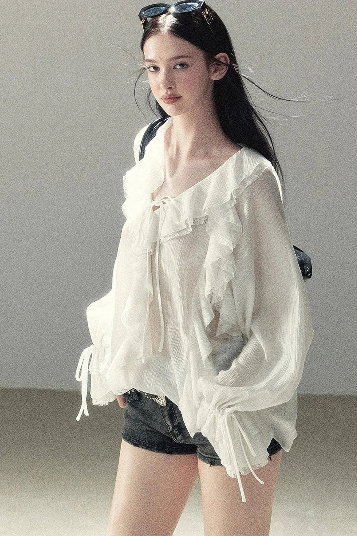 Ruffle Sheer Chiffon Cover-Up Blouse Set