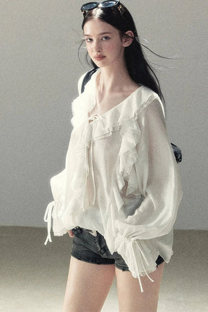 Ruffle Sheer Chiffon Cover-Up Blouse Set