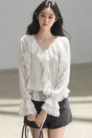 Ruffle Sheer Chiffon Cover-Up Blouse Set