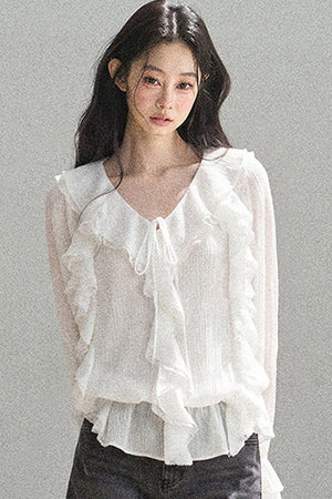 Ruffle Sheer Chiffon Cover-Up Blouse Set