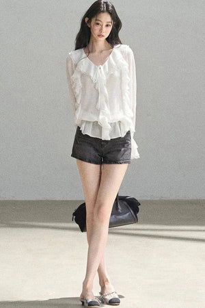 Ruffle Sheer Chiffon Cover-Up Blouse Set