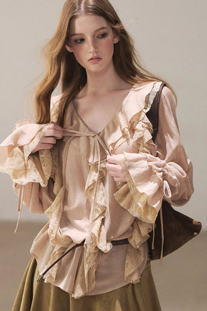 Ruffle Sheer Chiffon Cover-Up Blouse Set