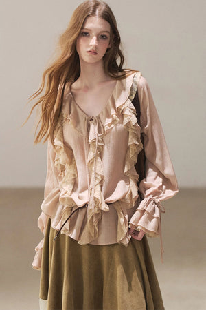 Ruffle Sheer Chiffon Cover-Up Blouse Set