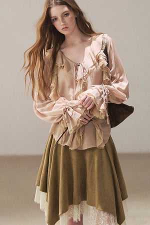 Ruffle Sheer Chiffon Cover-Up Blouse Set