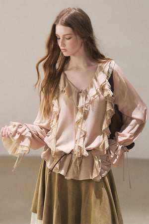 Ruffle Sheer Chiffon Cover-Up Blouse Set