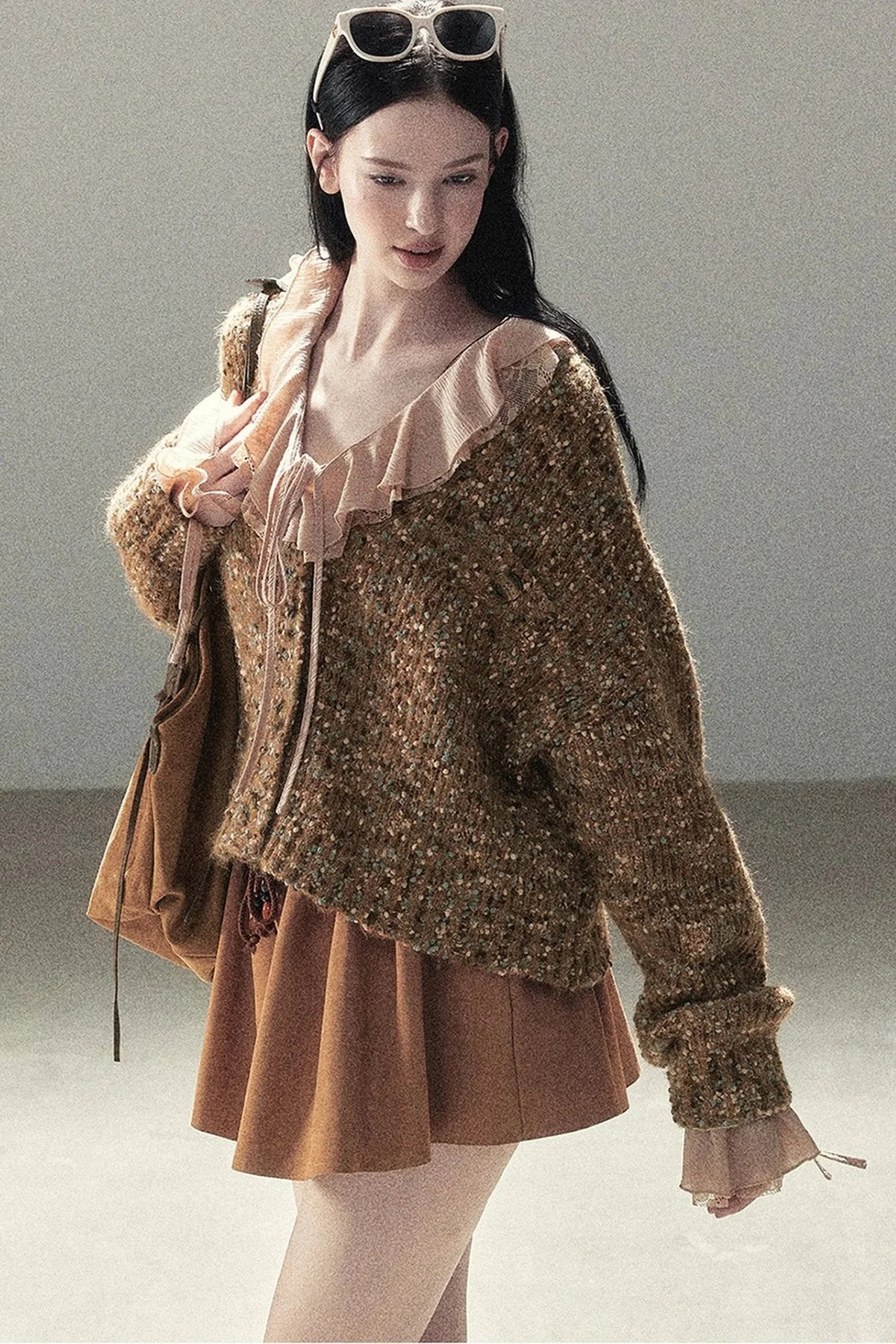 Ruffle Sheer Chiffon Cover-Up Blouse Set