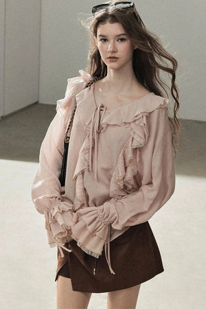 Ruffle Sheer Chiffon Cover-Up Blouse Set