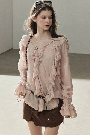 Ruffle Sheer Chiffon Cover-Up Blouse Set