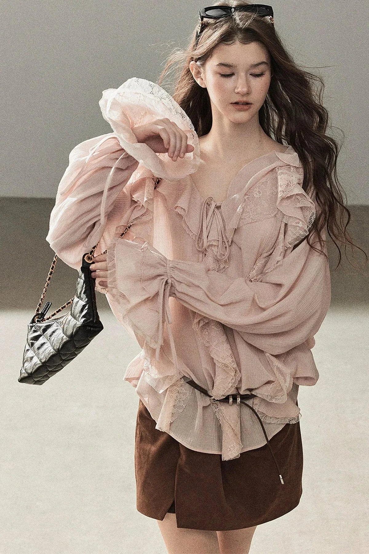 Ruffle Sheer Chiffon Cover-Up Blouse Set