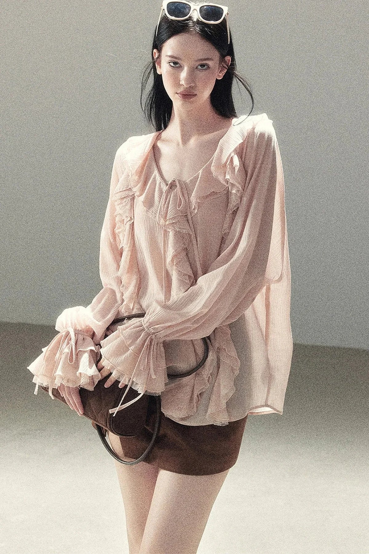Ruffle Sheer Chiffon Cover-Up Blouse Set