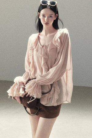 Ruffle Sheer Chiffon Cover-Up Blouse Set